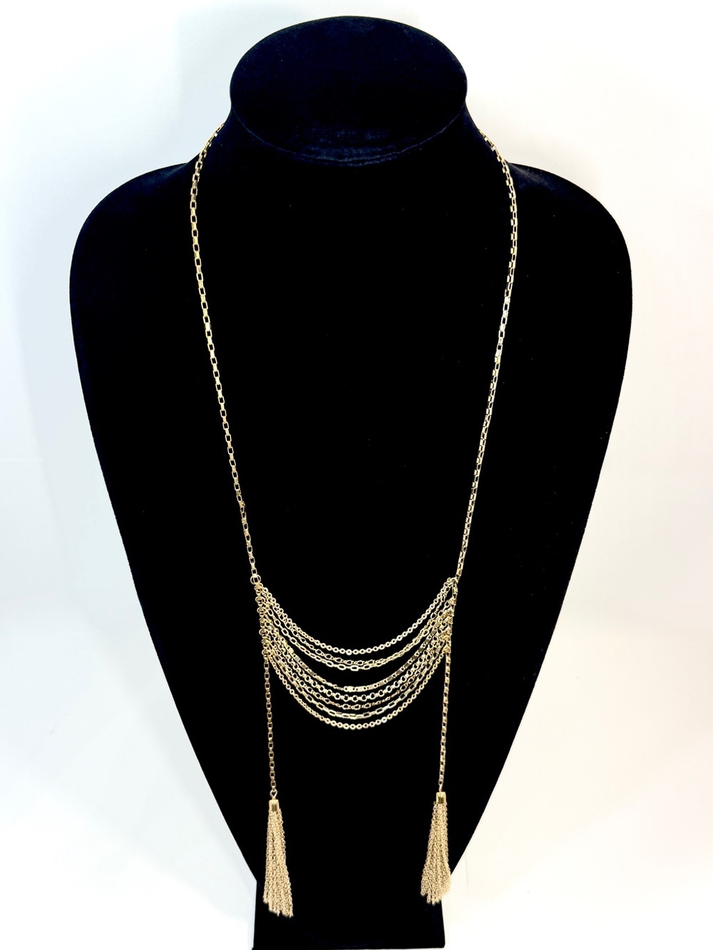 FREE PEOPLE Gold Tiered Chain Tassel Statement Necklace NEW - Picture 2 of 7